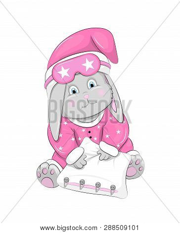 Cartoon Little Rabbit Girl In Pink Clothes And A Pillow In The Hands.