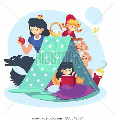Imagination Concept, Child Little Girl With Open Book. Fairy Tales Character Blanket Fort Happy Chil