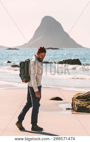 Man Walking At Ocean Beach Solo Traveling Lifestyle Adventure Summer Active Vacations Outdoor