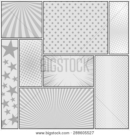 Comic Book Page Monochrome Design Concept With Radial Rays Halftone Stars Humor Effects. Vector Illu