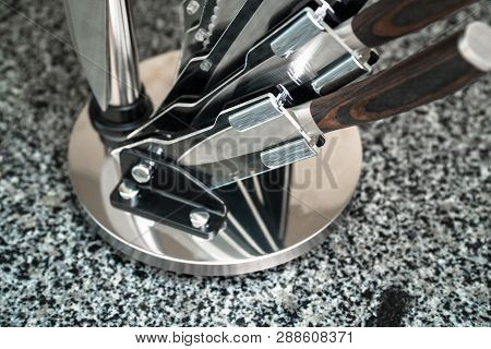 Set Of Six Modern Kitchen Knives On A Modern Kitchen