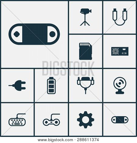 Computer Icons Set With Video Camera, Sd Card, Power Supply And Other Portable Memory Elements. Isol