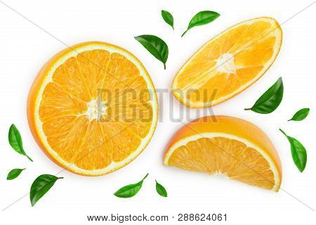 Orange Fruit Slice Isolated On White Background. Top View. Flat Lay