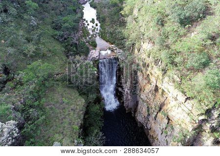 Aerial View Of A Beautiful Waterfall In Capitolio, Minas Gerais, Brazil. Capitolio Lagoon. Furnas Da