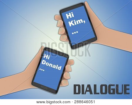 3d Illustration Of Two Hands Holding Cellulr Phones, Isolated On Pale Blue Gradient, With The Script