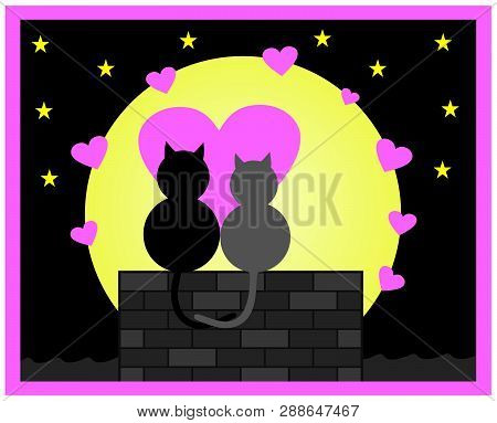Vector illustration. Cats in love a Beautiful night on roof.