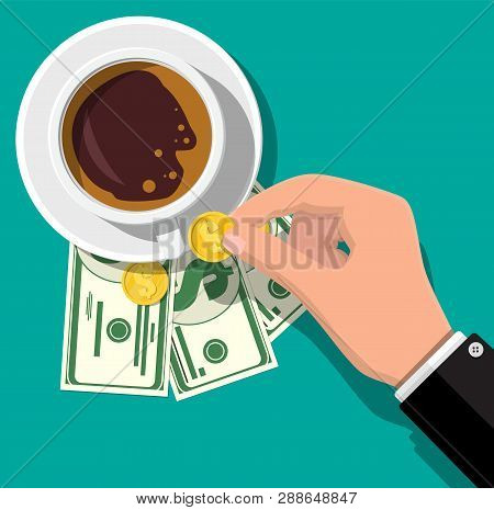 Cup With Coffee, Cash And Coins. Thanks For The Service In The Restaurant. Money For Servicing. Good