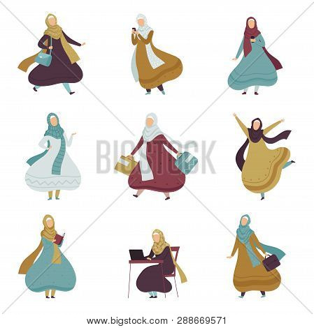 Muslim Women In Lifestyle Daily Set, Arab Women In Traditional Clothing Vector Illustration