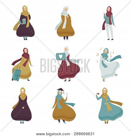 Muslim Women In Different Situations Set, Arab Women In Traditional Clothing Vector Illustration