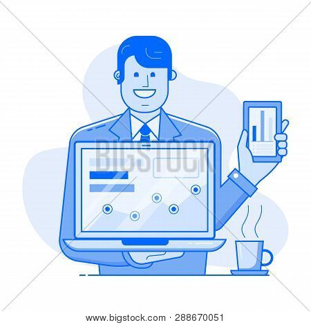 Office Manager Presenting New Features To Clients Illustration. Successful Businessman Or Manager Wi