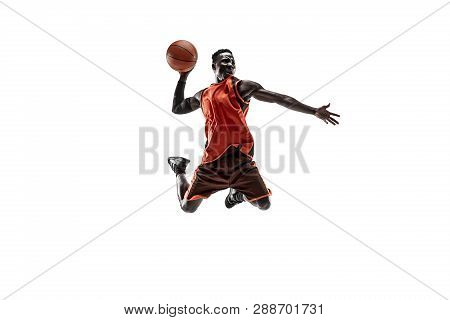 Full Length Portrait Of A Basketball Player With A Ball Isolated On White Studio Background. Adverti