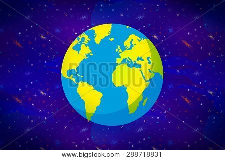 Cartoon Earth Planet On Wide Deep Space Background With Lots Of Colorful Stars And Galacticas