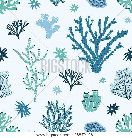 Seamless Pattern With Blue And Green Corals, Seaweed Or Algae. Backdrop With Undersea Life, Ocean Or