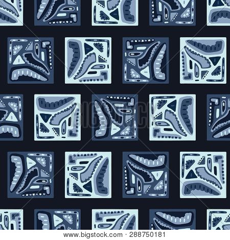 Indigo Blue Dye Geometric Memphis Square Pattern. Seamless Repeating