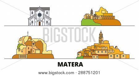 Italy, Matera Flat Landmarks Vector Illustration. Italy, Matera Line City With Famous Travel Sights,
