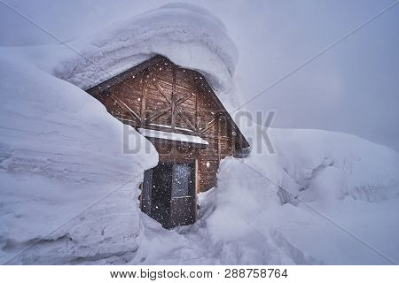 Wooden House At Hakkoda Ropeway In Mount Tamoyachi With Snowy Time At Aomori, Japan.