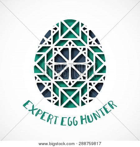 Happy Easter Greeting Card. Ornamental Egg In Paper Art Style On White Background. Inscription - Exp