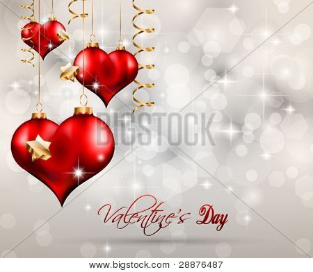 Valentýna leták s vintage třpytky pozadí a lesklé červené srdce letí vzduchem.