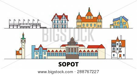 Poland, Sopot Flat Landmarks Vector Illustration. Poland, Sopot Line City With Famous Travel Sights,