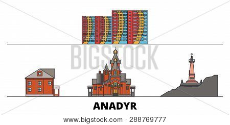 Russia, Anadyr Flat Landmarks Vector Illustration. Russia, Anadyr Line City With Famous Travel Sight