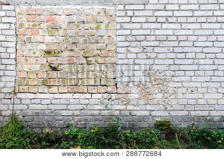 Old Gungy White Brick Wall With Bricked Up Window