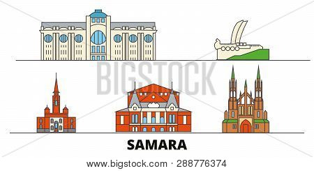Russia, Samara Flat Landmarks Vector Illustration. Russia, Samara Line City With Famous Travel Sight