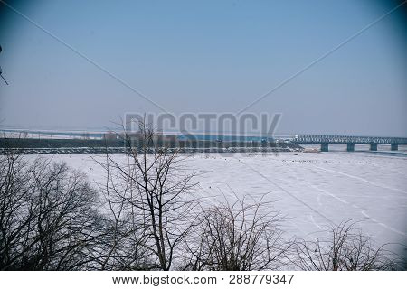 Bridge Over The Frozen River In Cherkassy.