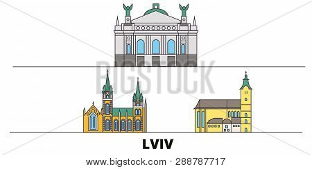 Ukraine, Lviv Flat Landmarks Vector Illustration. Ukraine, Lviv Line City With Famous Travel Sights,