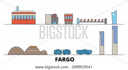 United States, Fargo Flat Landmarks Vector Illustration. United States, Fargo Line City With Famous 