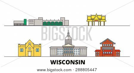 United States, Madison Flat Landmarks Vector Illustration. United States, Madison Line City With Fam