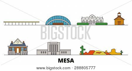 United States, Mesa Flat Landmarks Vector Illustration. United States, Mesa Line City With Famous Tr