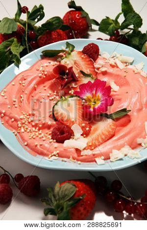 Healthy Homemade Raw Vegan Banana And Berry Ice Cream (icecream, Nicecream) Topped With Organic Stra