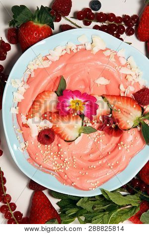 Healthy Homemade Raw Vegan Banana And Berry Ice Cream (icecream, Nicecream) Topped With Organic Stra