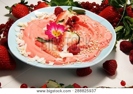 Healthy Homemade Raw Vegan Banana And Berry Ice Cream (icecream, Nicecream) Topped With Organic Stra