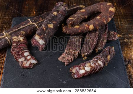 Meat products are different in shape. A variety of meat products. Top.
