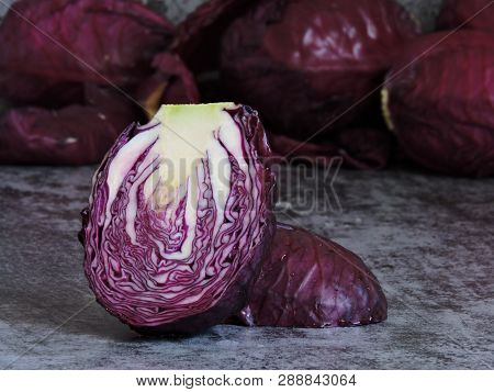 Blue Cabbage With Water Drops. Background Of Blue Cabbage. Blue Cabbage Heap.