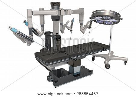 Robotic Surgical System With Surgical Light And Operating Table, 3d Rendering Isolated On White Back