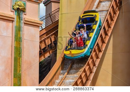 Orlando, Florida . February 26,  2019. People Enjoying Amazing Manta Ray Rollercoaster At Seaworld T