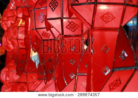 Red Lanna Lantern Lamp In Loy Kratong Festival, Or Call Yee Peng Festival At Northern Of Thailand.