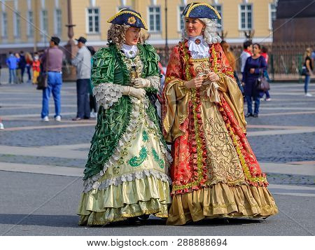 Saint Petersburg, Russia - September 10, 2017: Female Entertainers Dressed In Period Dresses Awaitin