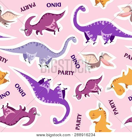 Seamless Dinosaur Pattern. Animal Pink Background With Colorful Dino. Vector Illustration.