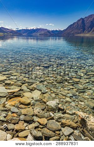 Panoramic vibrant photos of Lake Hawea and mountains, South Island, New Zealand
