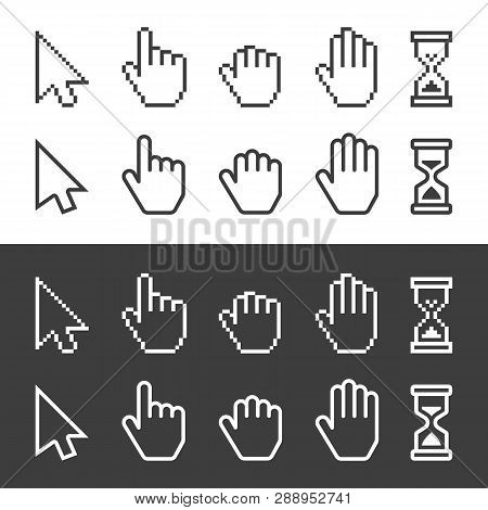 Pixel, And Smooth Cursors Icons Mouse Hand Arrow Hourglass. Computer Mouse Cursor Symbol Set. Vector