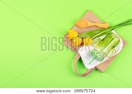 Zero Waste Living Concept. Zero Waste No Plastic Kit, Reusable Bag, Mason Jar, Microfiber Cloth, Cra