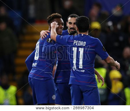 LONDON, ENGLAND - MARCH 7 2019: Callum Hudson-Odoi of Chelsea celebrates scoring a goal during the Europa League match between Chelsea and Dynamo Kyiv at Stamford Bridge.