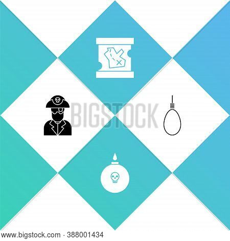 Set Pirate Captain, Bomb Ready To Explode, Treasure Map And Gallows Rope Loop Hanging Icon. Vector