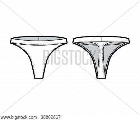 Thong Underwear Technical Fashion Illustration With Elastic Waistband, Narrow Strip. Flat Tanga Unde