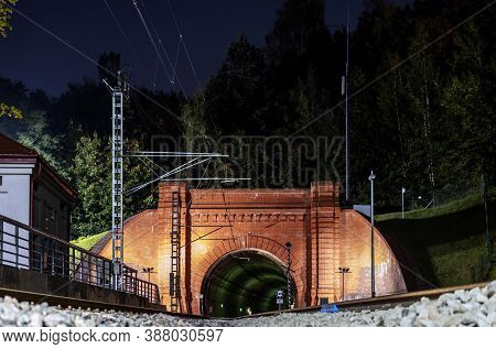 Kaunas, Lithuania: 28 September 2020: Entrance Of Kaunas Railway Tunnel At Night. The Tunnel Was Ope