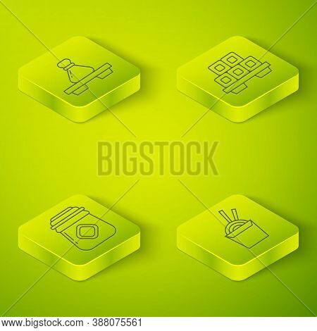 Set Isometric Sushi On Cutting Board, Jar Of Honey, Asian Noodles In Paper Box And Chopsticks And Du