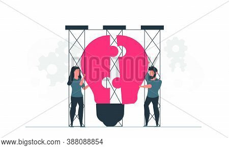 Creative People With Innovative Ideas. A Man And Woman Are Holding A Large Light Bulb. Talented Peop